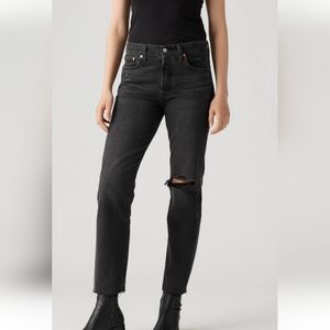 Levi's Women's Wedgie Straight Leg Button Fly Jeans in Black with Knee Rip